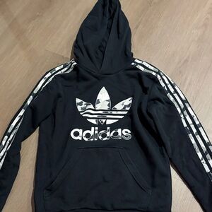 adidas Black Hoodie with White Trefoil and Camo-Striped Sleeves